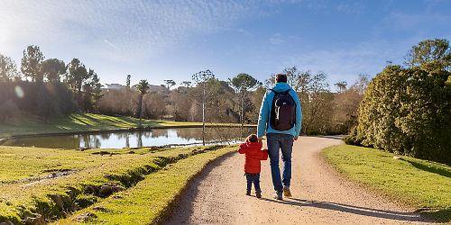 Firefly Von hinten gesehen, Vater spaziert mit Kind in einem Park auf einem unbefestigten Weg mit ei.jpg